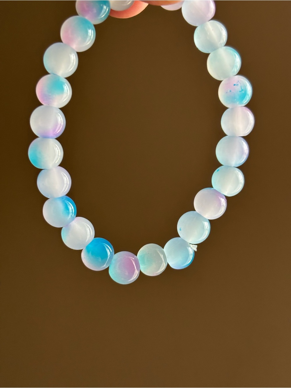 Hand Crafted Iridescent Blue and Pink Bead Stretch Bracelet